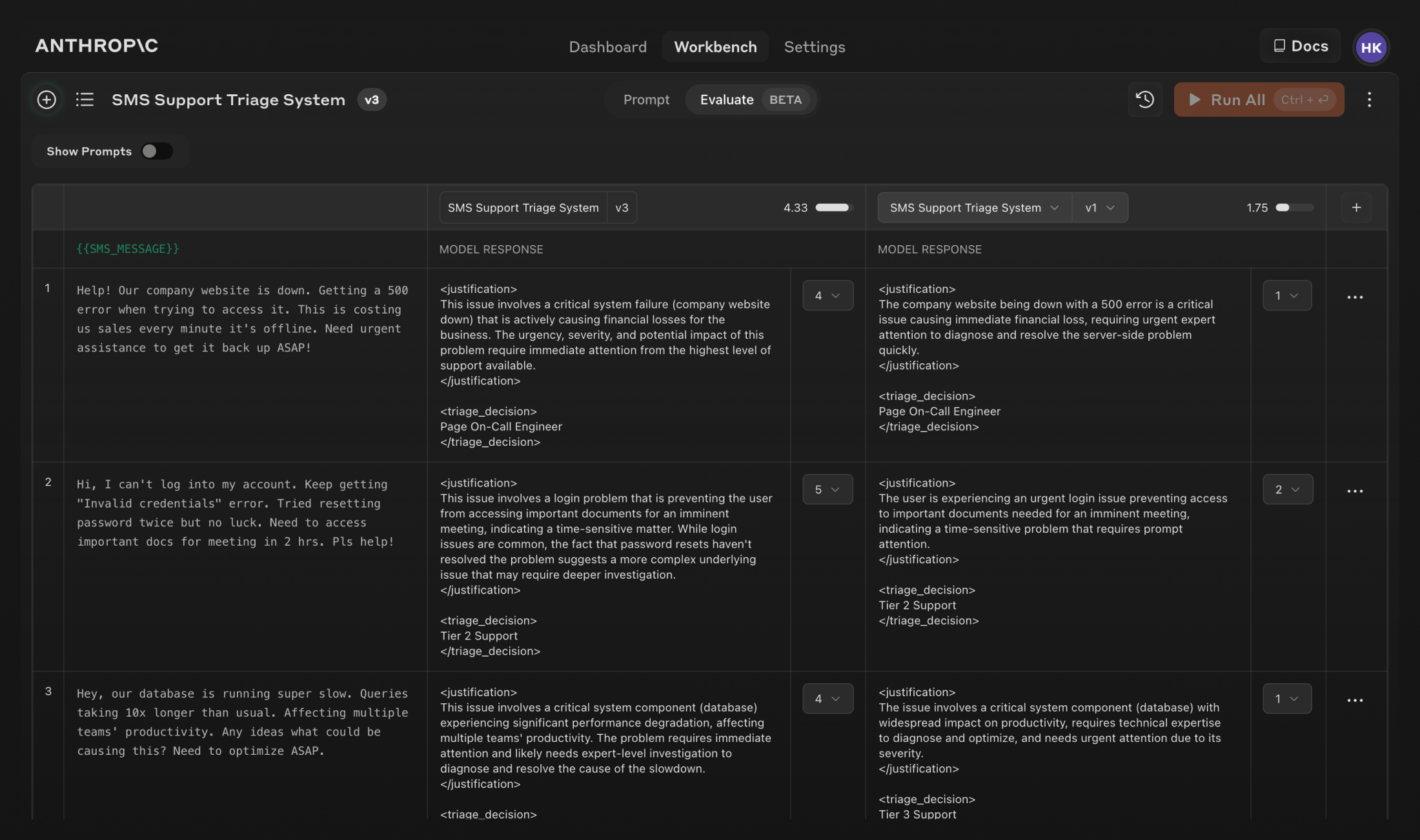 App screen of comparison mode of different prompt responses