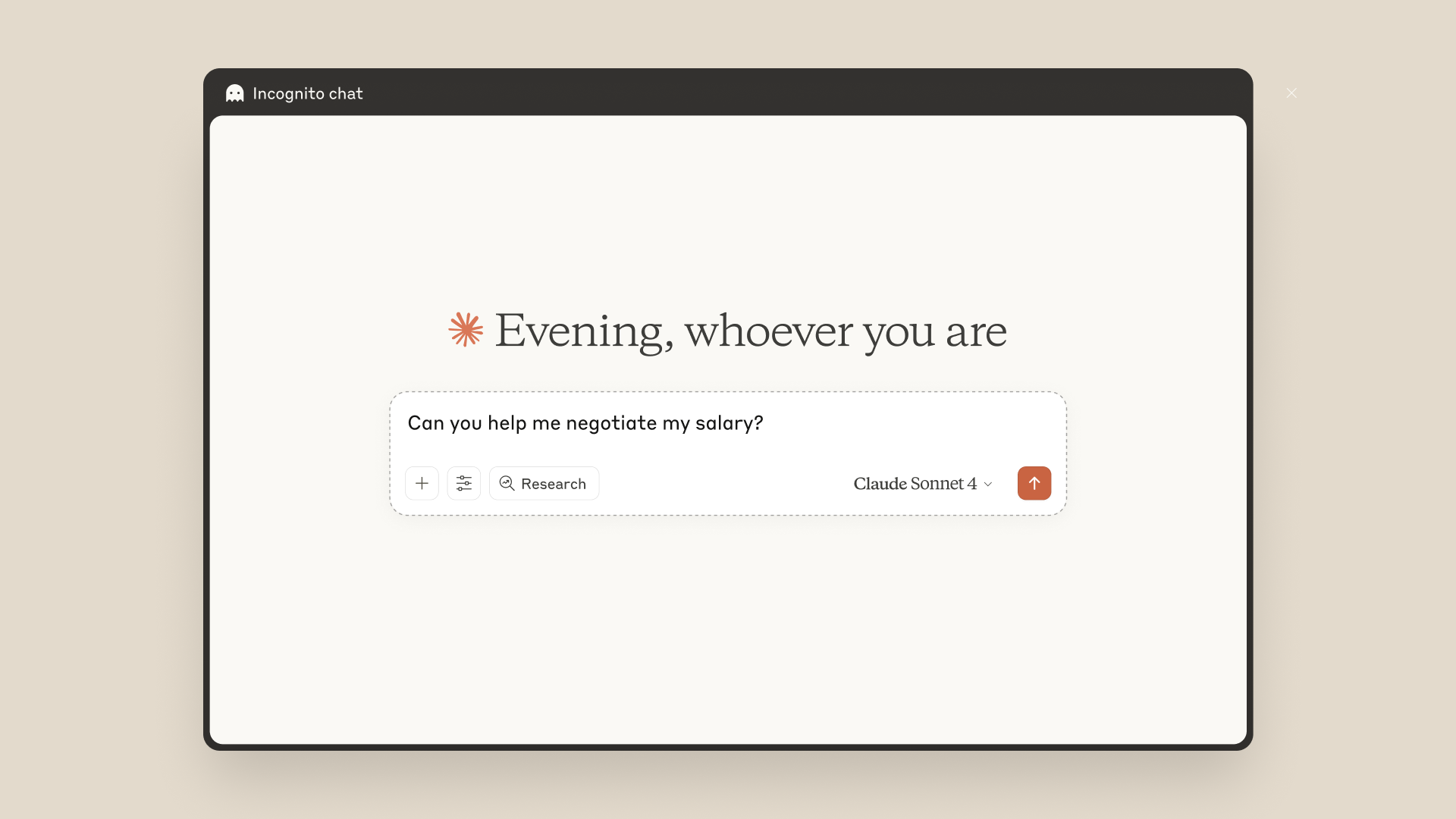 A Claude chat interface in Incognito mode, indicated by a ghost icon and